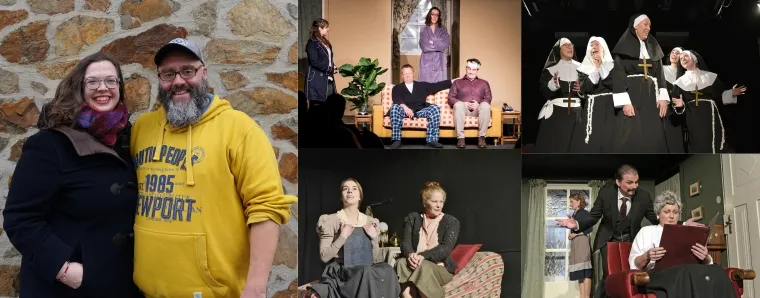 Maria Valentina Kiefer und Martin P. Koob sowie Szenefotos aus dem Theater (im Uhrzeigersinn, beginnend links oben): Run for your Wife von Ray Cooney, Nunsense von Dan Goggin, The Mousetrap von Agatha Christie, The Glass Menagerie von Tennessee Williams. Fotos: Manuel Heinrich, Tilman Lochmüller, 3x Heiner Schultz