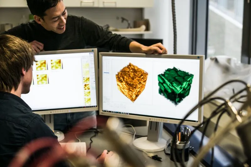Felix Walther (l.) und Dr. Saneyuki Ohno bei der 3D-Analyse einer Festkörperbatterie am Physikalisch-Chemischen Institut der Justus-Liebig-Universität Gießen. (Foto: Ralf Niggemann)