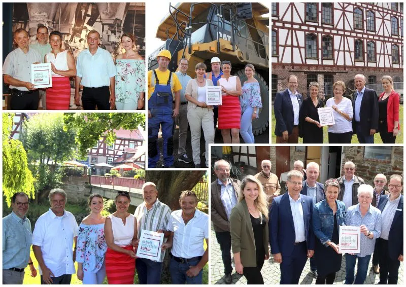 Mit der Übergabe entsprechender Hinweisschilder ist der Landkreis Marburg-Biedenkopf einen weiteren Schritt auf dem Weg zur Route der Arbeits- und Industriekultur gegangen. Landrätin Kirsten Fründt übergab die Schilder an (v. links oben, im Uhrzeigersinn) das Dokumentations- und Informationszentrum (DIZ) in Stadtallendorf, den Basaltsteinbruch Nickel in Dreihausen, an die Carlshütte in Buchenau, an das Regionalmuseum Hinz Hoob in Weidenhausen sowie an die Brücker Mühle in Amöneburg (Foto: Landkreis Marburg-Biedenkopf).