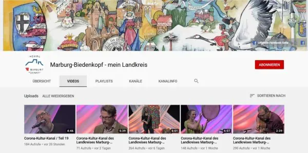 Der Corona-Kultur-Kanal des Landkreises Marburg-Biedenkopf. (Quelle: YouTube)