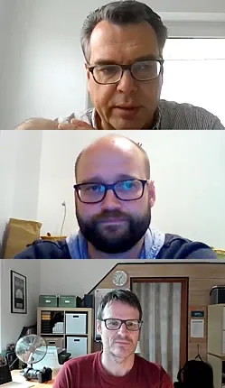 Dr. Klaus Schepers, Florian Kern und der Autor (von oben) beim Video-Interview