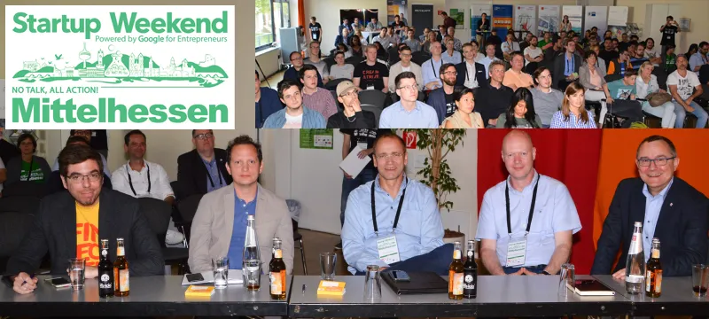 Die Jury des Startup Weekend Mittelhessen, von rechts: Dr. Rainer Waldschmidt, Prof. Dr. Dominikus Herzberg, Gunter Schneider, Johannes Peschko, Dr. Yassin Hankir